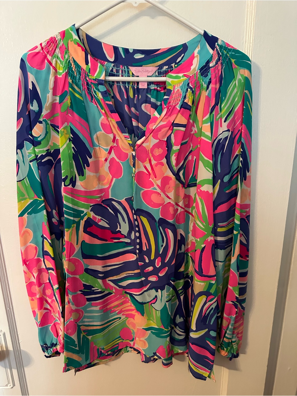 Lilly Pulitzer Teal Multi Floral Print Long-Sleeve Blouse